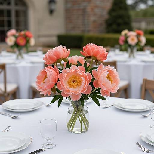 Photograph of a round table with pink peony bouquet in a clear vase, white tablecloth, and neatly set silverware. Blurred outdoor background