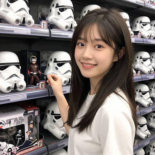 Asian woman with long black hair, smiling, wearing white shirt, standing in toy aisle with white Stormtrooper plushies and Star Wars action figures.