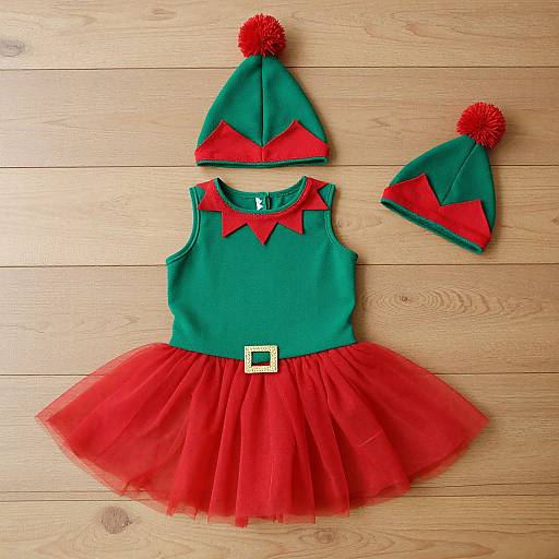 Photograph of a festive green elf costume with red pom-pom hat, matching red bow, and tulle skirt, laid out on wooden floor.