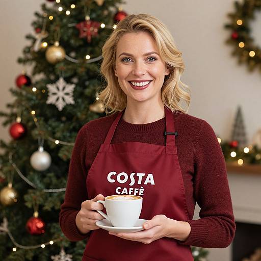Blonde woman with wavy hair, wearing maroon sweater and apron, smiling while holding a white coffee cup, Christmas tree in background.