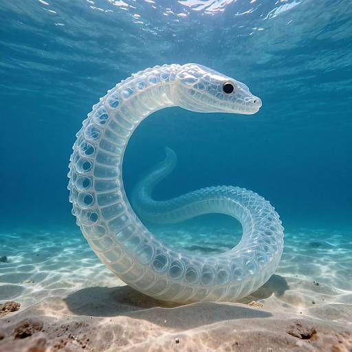 Photograph of a translucent, white, bubble-covered sea snake swimming underwater on a sandy ocean floor with sunlight filtering through the water.