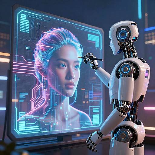 Digital artwork of a futuristic robot painting a glowing, neon-lit portrait of a serene woman on a high-tech screen.
