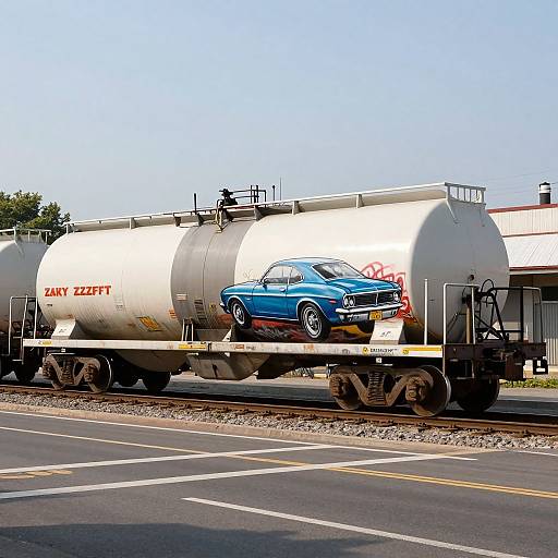 Photograph of a blue vintage muscle car painted on a white tanker truck, labeled 