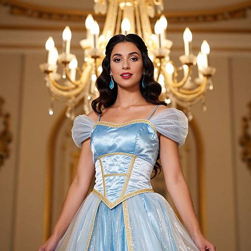 Photograph of a woman with long black hair, wearing a blue satin and tulle princess dress with gold trim, standing in front of a grand,