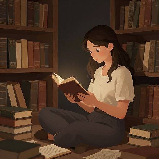 Digital illustration of a young woman with long black hair, wearing a white blouse and dark pants, sitting cross-legged on a library floor, reading a book