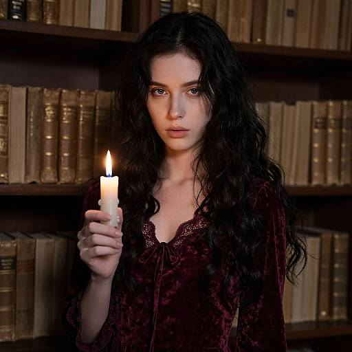Photograph of a pale-skinned woman with long, wavy black hair, wearing a dark velvet dress, holding a lit candle in a dimly