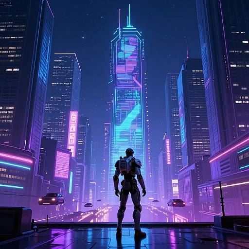 Cyberpunk cityscape at night, illuminated skyscrapers with neon lights, futuristic soldier with backpack standing in the center, glowing blue and purple hues