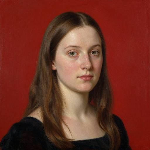 Digital portrait of a young Caucasian woman with fair skin, brown hair, and green eyes, wearing a black top, against a red background.