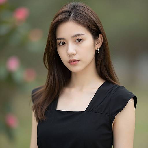 Photograph of an Asian woman with long brown hair, wearing a black sleeveless top and hoop earrings, standing outdoors with a blurred green and pink background