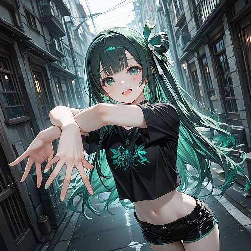 Anime Girl with Mint Hair on Urban Street