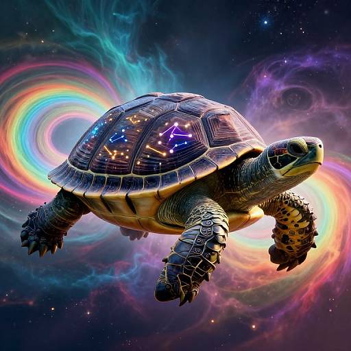 Digital art of a turtle with a glowing, star-patterned shell, floating in a vibrant, cosmic background with swirling rainbow colors and nebulae.