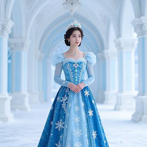 Photograph of a young woman in a blue, snowflake-embellished ball gown with white puffed sleeves, silver tiara, and pearl