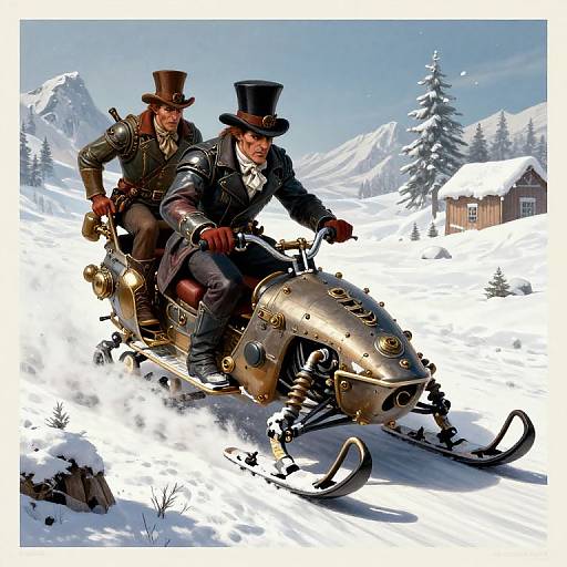 Digital illustration of two Victorian men in top hats riding a steampunk snowmobile through a snowy mountain landscape. Background includes a wooden cabin.
