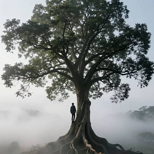 Silhouetted person standing beside enormous, sprawling tree with dense foliage, surrounded by misty fog in a serene, early morning landscape.