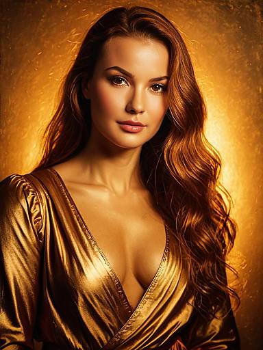Portrait of Woman in Golden Dress with Wavy Hair
