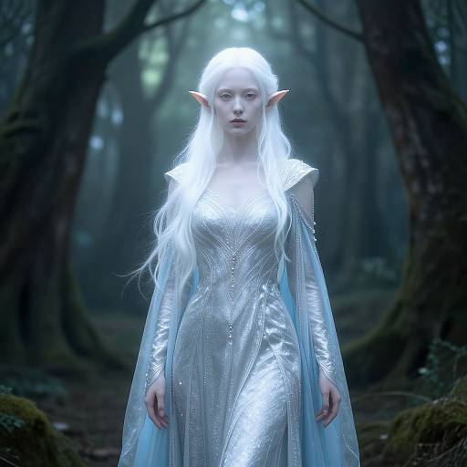 Photograph of a pale-skinned, white-haired elf woman with pointed ears, wearing a shimmering silver dress and cape, standing in a dark,