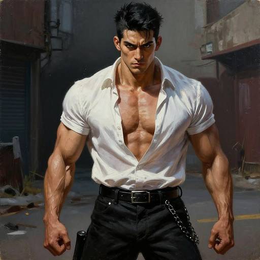 Muscular, dark-haired man in white, unbuttoned shirt, black pants, chain, standing in dim alley, intense expression, digital art style