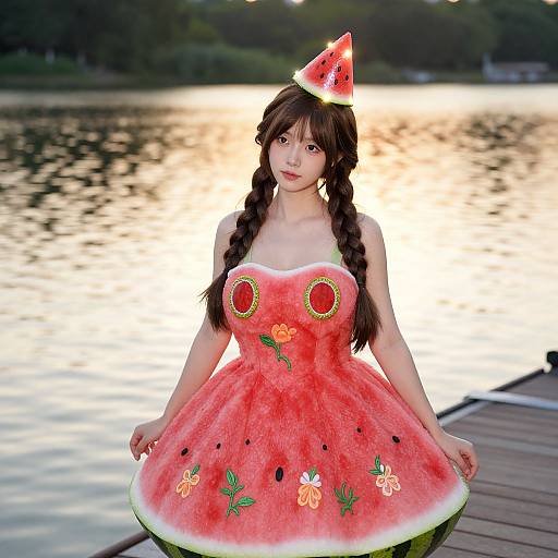Photograph of an Asian woman with long braided brown hair, wearing a watermelon-themed strapless dress and watermelon hat, standing on a wooden