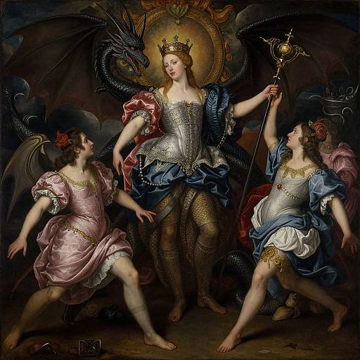 Baroque painting of a crowned, armored queen with dragon wings, holding a scepter, flanked by two winged, dressed women in pink and