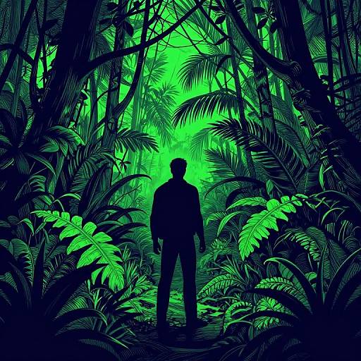 Silhouetted man stands in glowing green jungle, surrounded by dense, dark foliage in digital art style. Bright green light filters through leaves, creating