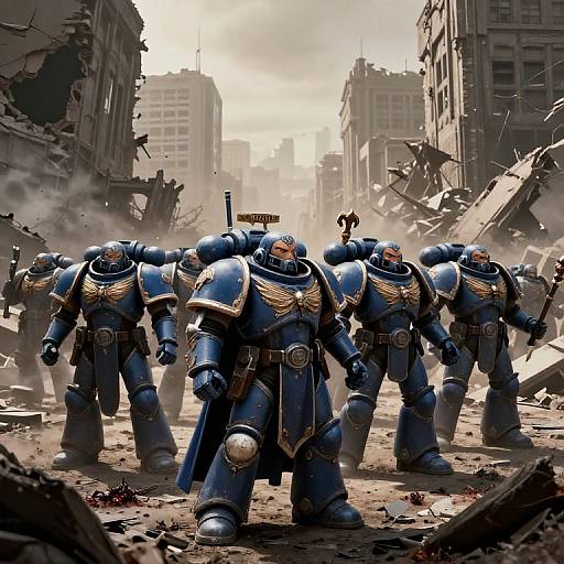 Space Marines Amidst Ruined Cityscape