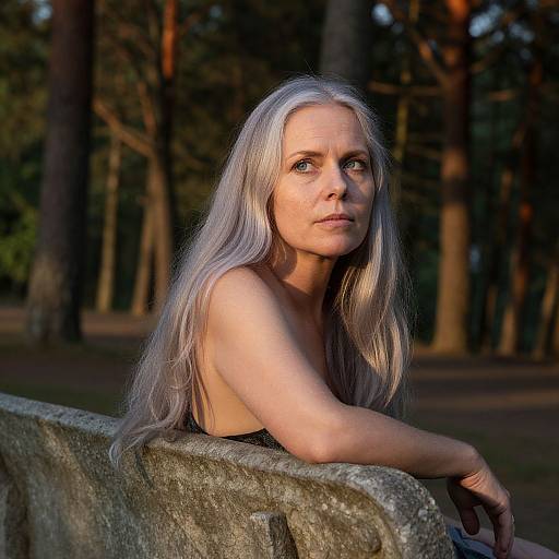 Photograph of a pale-skinned woman with long silver hair, topless, leaning on a stone wall in a sunlit forest.