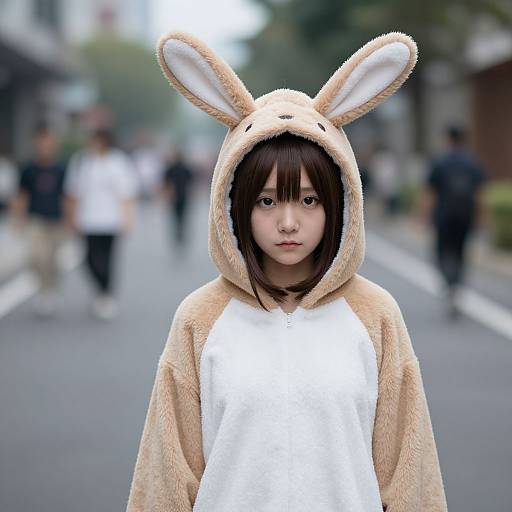 Photograph of an East Asian girl in a beige and white bunny costume with ears, standing on a blurred city street.