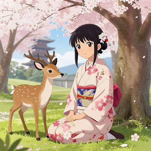 Anime-style digital illustration of a young woman in a floral kimono, sitting beside a deer under cherry blossoms, with a traditional Japanese building in the