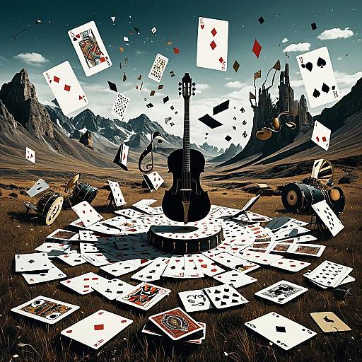 Surreal Landscape with Giant Playing Cards and Levitating Instruments