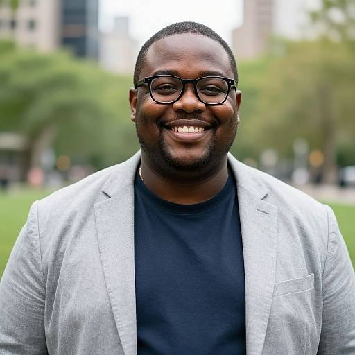 Photograph of a smiling, black man with short hair, glasses, beard, wearing a gray blazer and black shirt, standing outdoors with a blurred