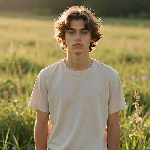 Photograph of a young man with wavy brown hair, wearing a plain white t-shirt, standing in a sunlit, grassy field.