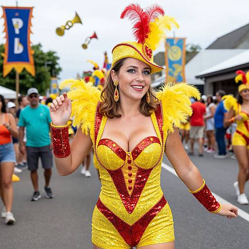 Photograph of a smiling woman in a glittery yellow and red carnival costume with feathered hat, large bust, and yellow feather accessories, waving at