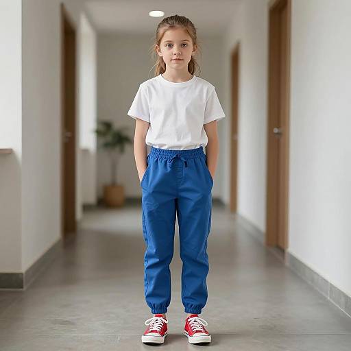 Young girl in casual outfit standing in hallway
