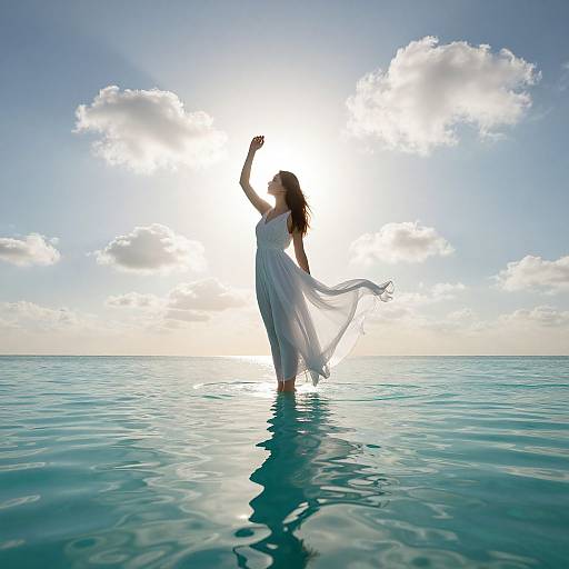 Silhouetted woman in flowing white dress raises arm, standing in turquoise ocean, sun and clouds in bright blue sky background.