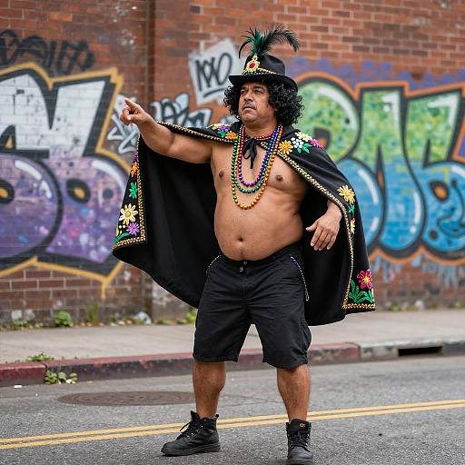 Photograph of a shirtless, chubby man with dark curly hair, black hat, colorful bead necklace, and cape, pointing on a graffiti-covered street