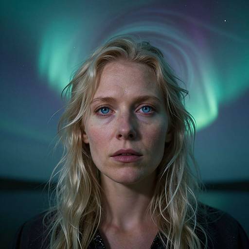 Photograph of a serious blonde woman with blue eyes, wet hair, and fair skin, against a colorful aurora borealis background.