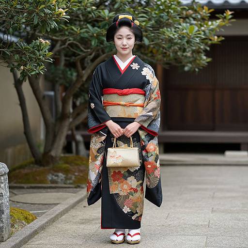 Photograph of a Japanese woman in a black kimono with red and floral patterns, holding a beige purse, standing in a traditional garden.