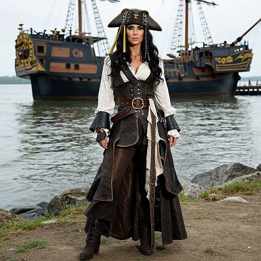 Photograph of a fierce, long-haired woman in pirate attire with a tricorn hat, black and white pirate clothes, standing in front of two tall