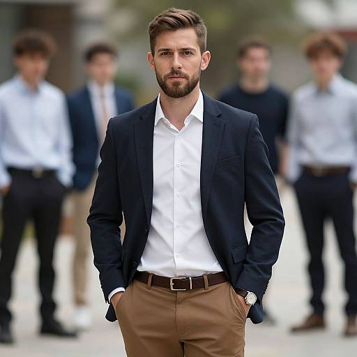 Photograph of a handsome, bearded man in a black blazer, white shirt, and brown pants, standing confidently with hands in pockets, blurred