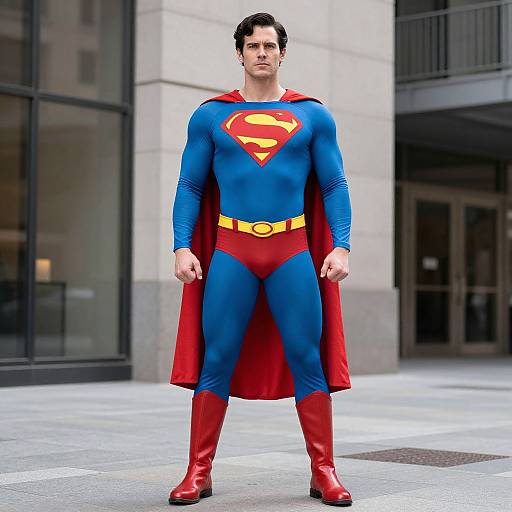 Photograph of a muscular, dark-haired man in a classic Superman costume standing confidently in a city street, with modern buildings in the background. Bright red