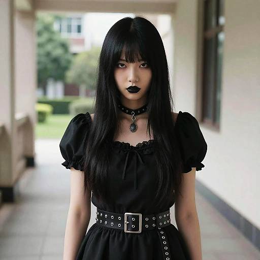 Gothic woman with long black hair, dark lipstick, black dress, belt with buckle, choker, and pendant, standing in a sunlit hallway