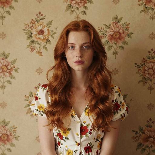 Photograph of a fair-skinned redheaded woman with long wavy hair, wearing a white floral dress, standing against a vintage floral wallpaper background.