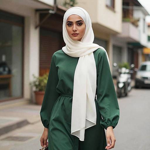 Woman in Green Dress and White Headscarf on Street