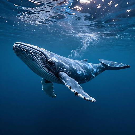 Photograph of a majestic blue whale swimming underwater, illuminated by sunlight, with ripples and bubbles surrounding its massive, textured body.