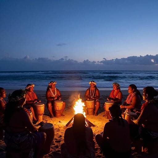 Photograph of a group of nine people, wearing red beaded headbands and traditional attire, sitting around a fire on a beach at twilight, playing