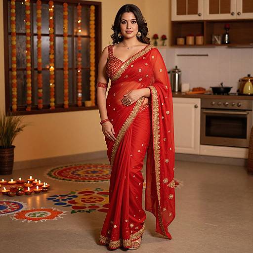 Photograph of a beautiful South Asian woman in a red silk saree with gold embroidery, standing in a warmly lit kitchen with candles, colorful rug,