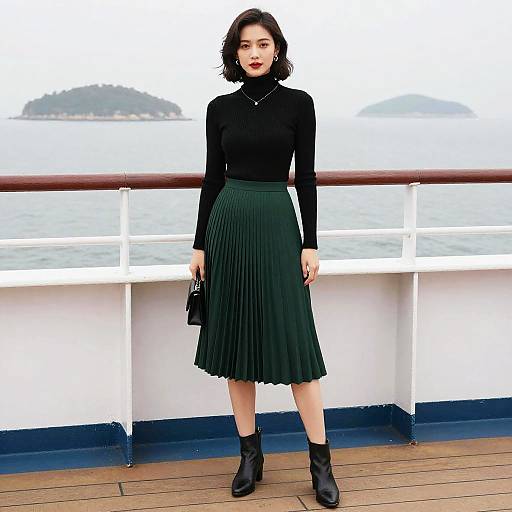 Photograph of a woman with short black hair, wearing a black turtleneck, green pleated skirt, black ankle boots, standing on a boat