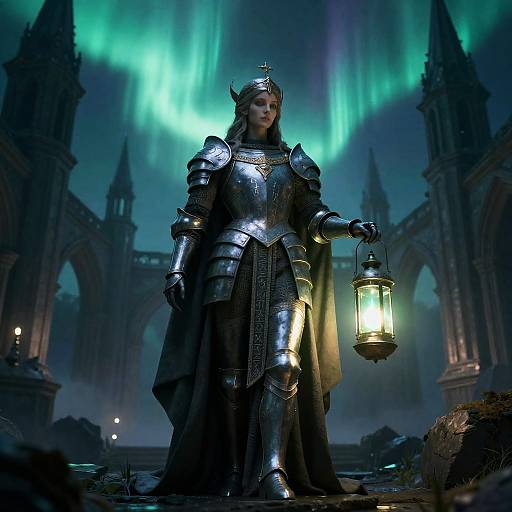 Auroral Bioluminescent Sentinel in Ruined Cathedral