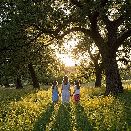 Photograph of three young girls holding hands, walking through a sunlit meadow with tall yellow wildflowers and large trees. Sunlight filters through the