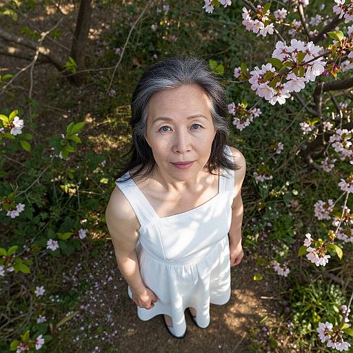 Photograph of an Asian woman with long black hair, wearing a white sleeveless dress and white shoes, standing in a sunlit forest of pink cherry